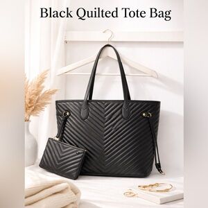 Black Quilted Tote Bag Faux Leather Laptop Work Purse Minimalist w/ Pouch